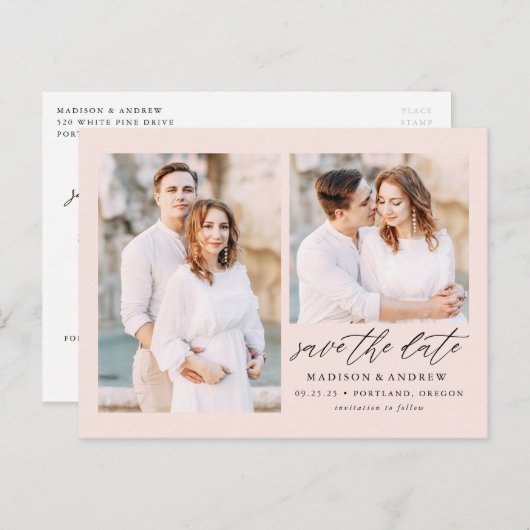 Carte Postale Faire-part Rouge | Photo de mariage Élégante Écriture 2 Save  (Devant / Derrière)