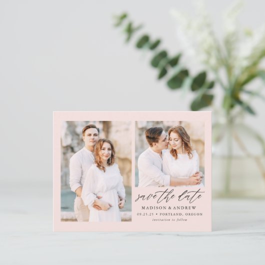 Carte Postale Faire-part Rouge | Photo de mariage Élégante Écriture 2 Save  (Debout devant)