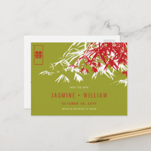 Carte Postale Faire-part Rouge Vert Zen Bambou Chinois Mariage Enregistrer