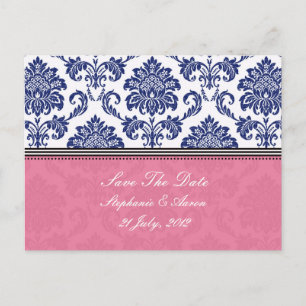 Carte Postale Faire-part Royal Blue et PInk Damask Enregistrer la date