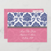 Carte Postale Faire-part Royal Blue et PInk Damask Enregistrer la date (Devant / Derrière)