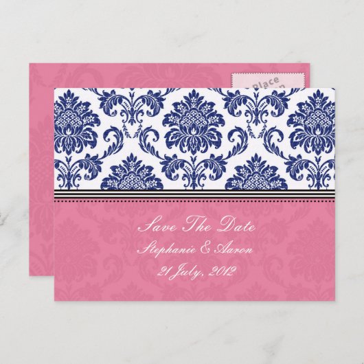 Carte Postale Faire-part Royal Blue et PInk Damask Enregistrer la date (Devant / Derrière)