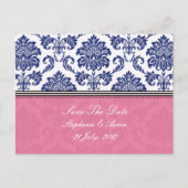 Carte Postale Faire-part Royal Blue et PInk Damask Enregistrer la date (Devant)