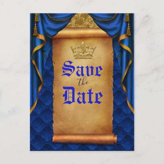 Carte Postale Faire-part Royal Blue Gold Drapes Scroll Mariage Date de sauv (Devant)