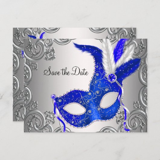 Carte Postale Faire-part Royal Blue Masquerade Enregistrer la date (Devant / Derrière)