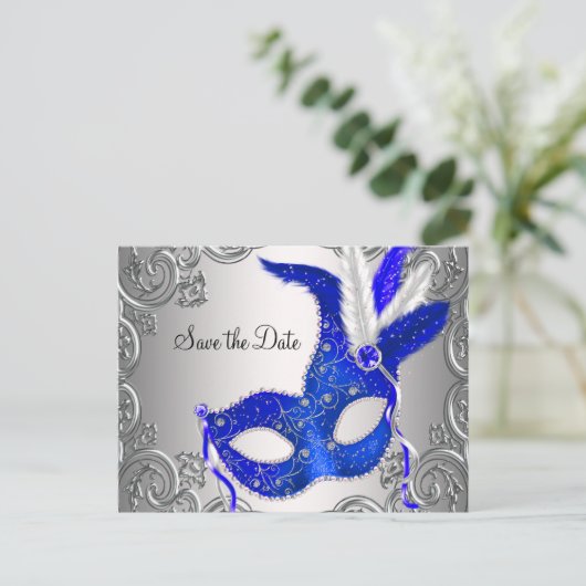 Carte Postale Faire-part Royal Blue Masquerade Enregistrer la date (Debout devant)