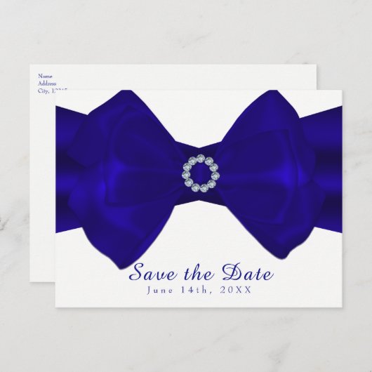 Carte Postale Faire-part Royal Blue Ribbon & Diamonds Enregistrer la date E (Devant / Derrière)