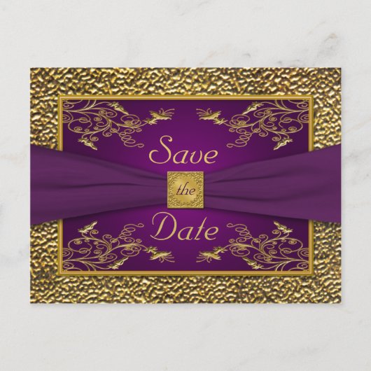 Carte Postale Faire-part Royal Purple, Gold Floral Enregistrer la date Cart (Devant)