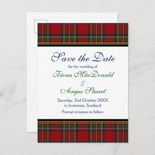 Carte Postale Faire-part Royal Stewart Tartan Mariage Enregistrer une date  (Devant / Derrière)