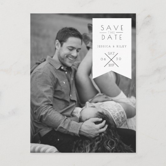 Carte Postale Faire-part Ruban Blanc Moderne | Photo Save The Date (Devant)