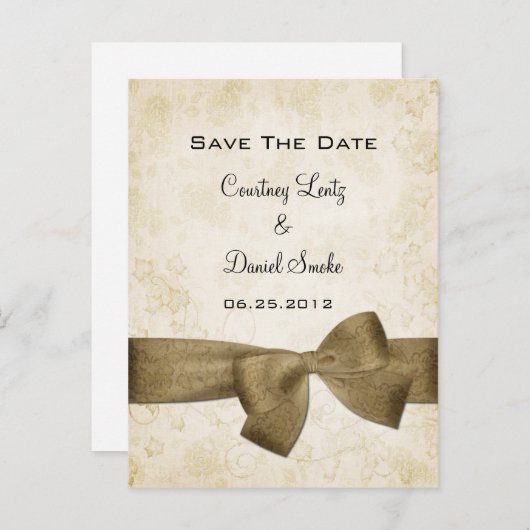 Carte Postale Faire-part Ruban Doré Enregistrer La Date (Devant / Derrière)