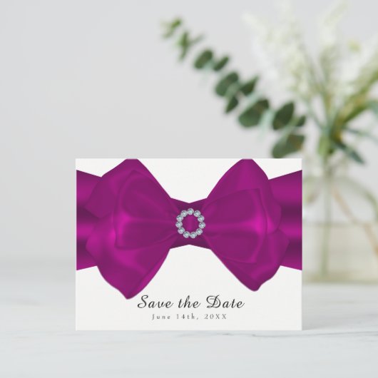 Carte Postale Faire-part Ruban rose fuchsia & Diamants Épargnez la date (Debout devant)
