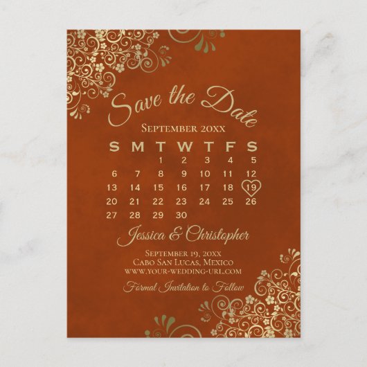 Carte Postale Faire-part Rust Orange & Gold Wedding Enregistrer le calendri (Devant)