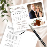 Carte Postale Faire-part Rust Orange Roses Photo & Calendar Save the Date<br><div class="desc">This rustic wedding Save the Date postcard features an elegant watercolor floral design with a bouquet of beautiful hand painted roses and blossoms in shades of rust orange burnt umber and peach. The left side of the card has a customizable calendar with a heart around your wedding date, as well...</div>