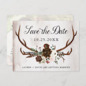 Carte Postale Faire-part Rustic Antlers Bourgogne Rose Floral Enregistrer l (Devant / Derrière)