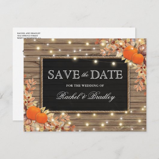 Carte Postale Faire-part Rustic Automne Citrouille Enregistrer la date (Devant / Derrière)