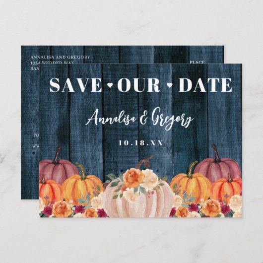 Carte Postale Faire-part Rustic Automne Citrouilles Sauver Notre Date (Devant / Derrière)
