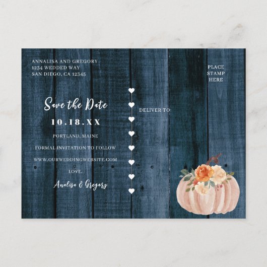 Carte Postale Faire-part Rustic Automne Citrouilles Sauver Notre Date (Dos)
