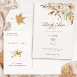 Carte Postale Faire-part Rustic Automne Rose Script Enregistrer la date<br><div class="desc">Le charme d'un mariage d'automne est capturé dans ce design élégant avec roses aquarelle et verdure dans les couleurs chaudes de l'automne de terre cuite, ivoire, rouille, châtaignier, bleu poussiéreux et vert sauge avec des touches de feuille d'or scintillent. Cette conception comporte également des graphiques texte uniques dans une police...</div>