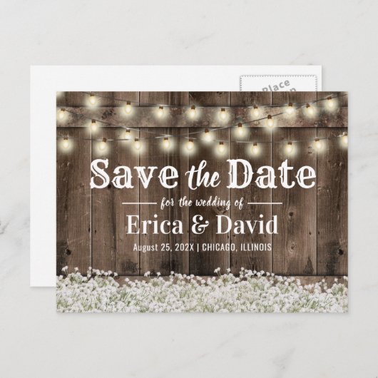 Carte Postale Faire-part Rustic Baby's Breath String Lights Enregistrer la  (Devant / Derrière)