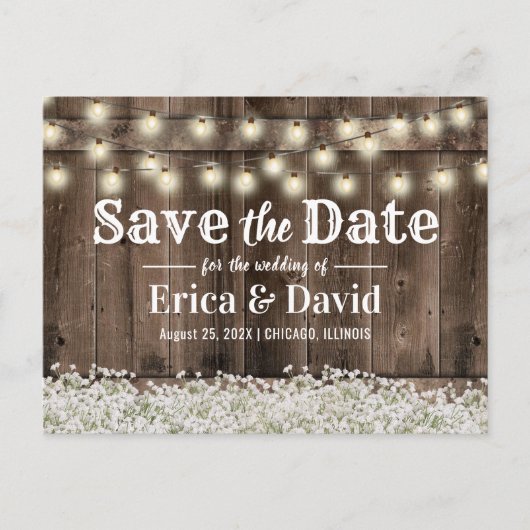 Carte Postale Faire-part Rustic Baby's Breath String Lights Enregistrer la  (Devant)