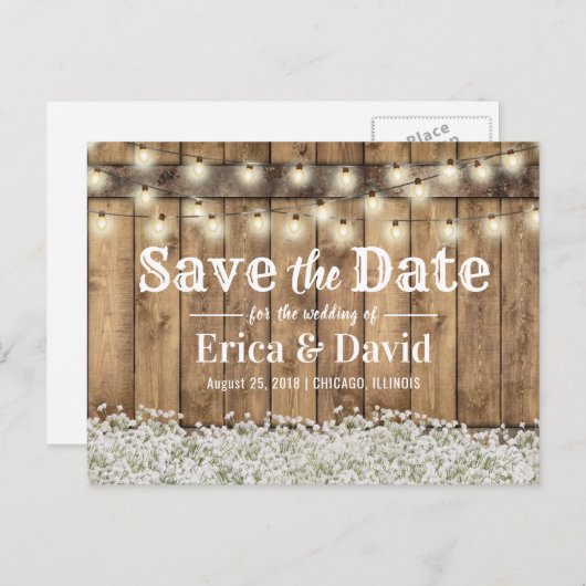 Carte Postale Faire-part Rustic Baby's Breath String Lights Enregistrer la  (Devant / Derrière)