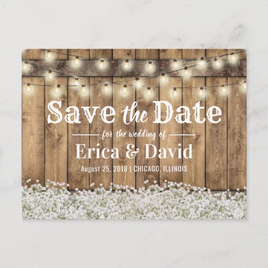 Carte Postale Faire-part Rustic Baby's Breath String Lights Enregistrer la  (Devant)