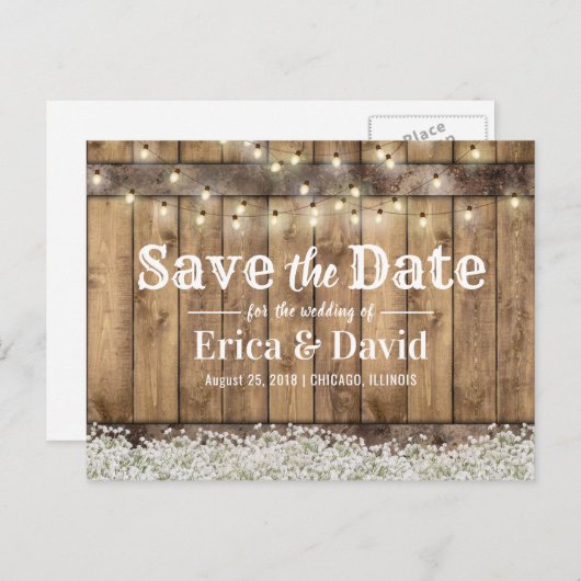 Carte Postale Faire-part Rustic Baby's Breath String Lights Enregistrer la  (Devant / Derrière)