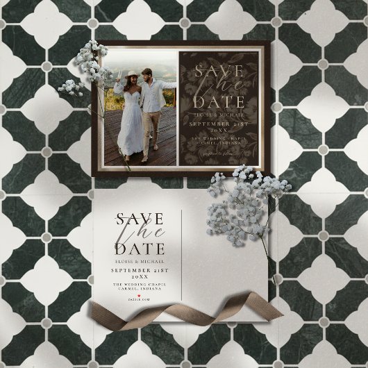 Carte Postale Faire-part Rustic Brown Botanical Pattern Photo Wedding