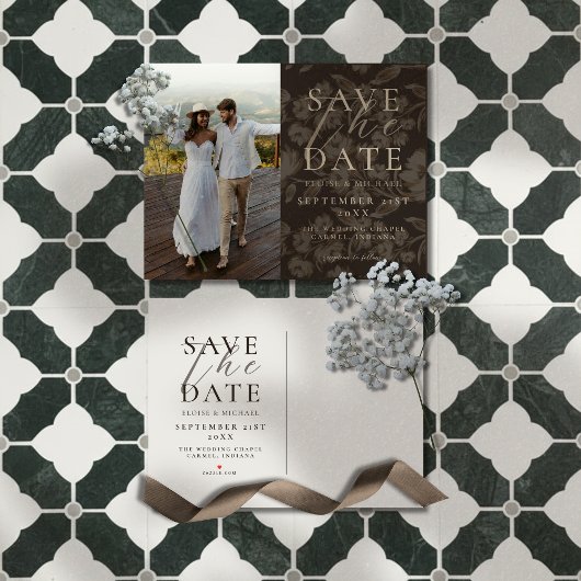 Carte Postale Faire-part Rustic Brown Botanical Pattern Photo Wedding