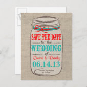 Carte Postale Faire-part Rustic Burlap & Mason Jar Enregistrer la date Cart (Devant / Derrière)