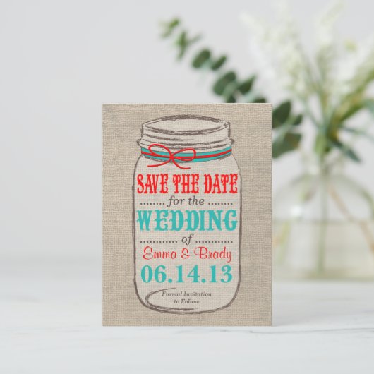 Carte Postale Faire-part Rustic Burlap & Mason Jar Enregistrer la date Cart (Debout devant)