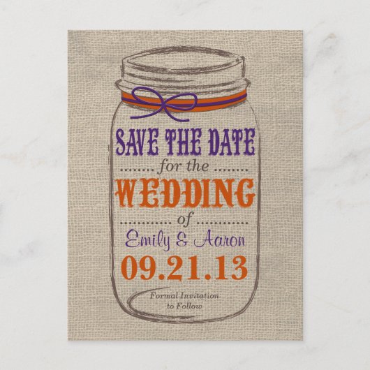 Carte Postale Faire-part Rustic Burlap & Mason Jar Enregistrer la date Cart (Devant)