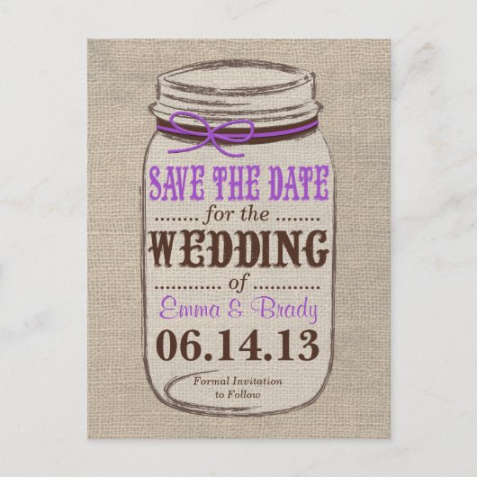 Carte Postale Faire-part Rustic Burlap & Mason Jar Enregistrer la date Cart (Devant)