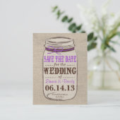 Carte Postale Faire-part Rustic Burlap & Mason Jar Enregistrer la date Cart (Debout devant)