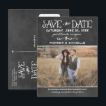 Carte Postale Faire-part Rustic Chalkboard Mariage Photo Enregistrer la dat<br><div class="desc">Carte postale photo unique et fantastique enregistrer les dates disposent d'un look rustique texturé arrière - plan de tableau noir et polices manuscrites avec un aspect craie blanche. Personnalisez avec les détails du mariage et une photo de fiançailles au format paysage préféré.</div>