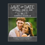 Carte Postale Faire-part Rustic Chalkboard Mariage Photo Enregistrer la dat<br><div class="desc">Carte postale photo unique et fantastique enregistrer les dates disposent d'un look rustique texturé arrière - plan de tableau noir et polices manuscrites avec un aspect craie blanche. Personnalisez avec les détails du mariage et une photo de fiançailles au format paysage préféré.</div>