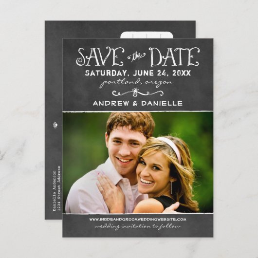 Carte Postale Faire-part Rustic Chalkboard Mariage Photo Enregistrer la dat (Devant / Derrière)
