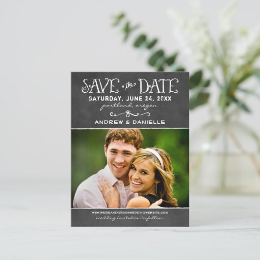 Carte Postale Faire-part Rustic Chalkboard Mariage Photo Enregistrer la dat (Debout devant)