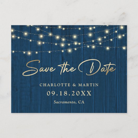 Carte Postale Faire-part Rustic Chic Navy Bleu Bois Mariage Enregistrer La (Devant)