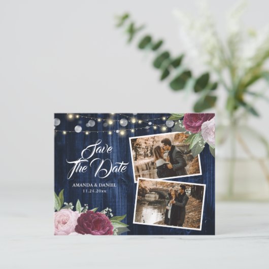 Carte Postale Faire-part Rustic Chic Navy Bleu Bourgogne Enregistrer La Dat (Debout devant)