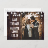 Carte Postale Faire-part Rustic Country Bois Chaîne Lumières Mariage Photo (Devant / Derrière)