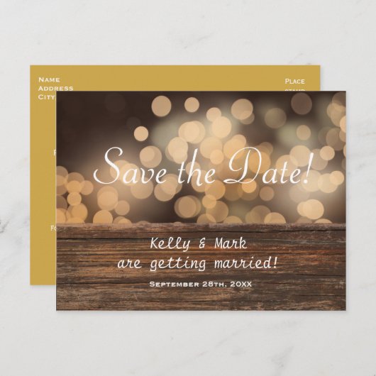 Carte Postale Faire-part Rustic Country Bokeh Lights Enregistrer la date Ca (Devant / Derrière)
