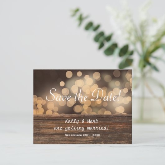 Carte Postale Faire-part Rustic Country Bokeh Lights Enregistrer la date Ca (Debout devant)