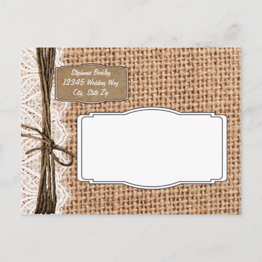 Carte Postale Faire-part Rustic Country Burlap Dentelle Enregistrer la date (Dos)
