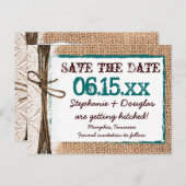 Carte Postale Faire-part Rustic Country Burlap Turquoise Enregistrer la dat (Devant / Derrière)