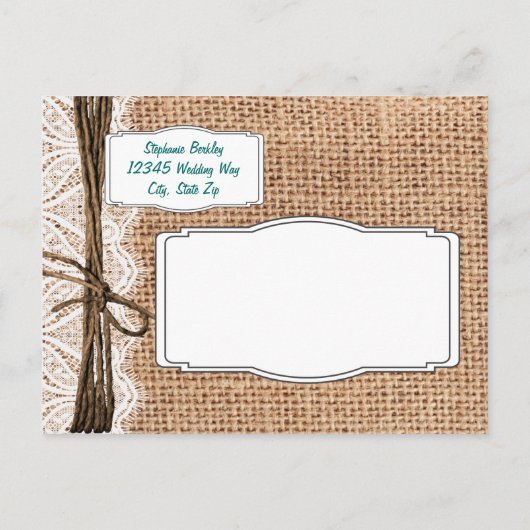 Carte Postale Faire-part Rustic Country Burlap Turquoise Enregistrer la dat (Dos)