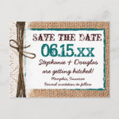 Carte Postale Faire-part Rustic Country Burlap Turquoise Enregistrer la dat (Devant)