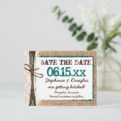 Carte Postale Faire-part Rustic Country Burlap Turquoise Enregistrer la dat (Debout devant)