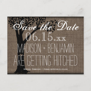 Carte Postale Faire-part Rustic Country Tree Burlap Enregistrer la date Car